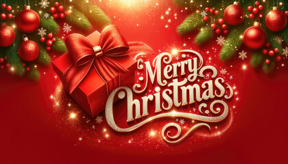 Greeting card with red gift box, christmas balls and fir branches on red background. Geneative ai.