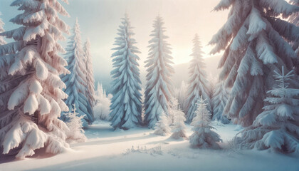 Beautiful winter landscape with snow covered fir trees, vintage colors. Geneative ai.