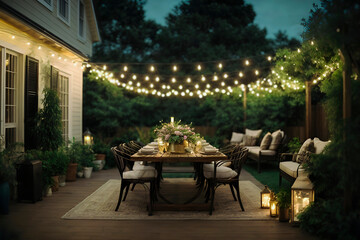 Elegant evening outdoor setting with a dining table adorned with flowers beneath string lights, adjacent to a cozy sitting area near a house.