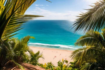 Papier peint photo  Digital photo of a the lush green foliage of a towering palm tree, with its broad fronds swaying in the ocean breeze. Wildlife concept of ecological environment  © mikhailberkut