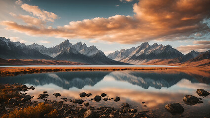 Breathtaking mountain range reflecting in a serene lake under a cloud-streaked sunset sky.