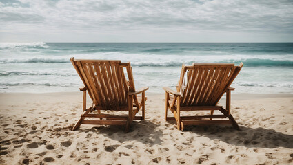 Fototapeta premium Two wooden lounge chairs facing the ocean waves on a sandy beach, under a sky filled with scattered clouds.