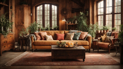 Cozy living room with a mustard-colored sofa, patterned cushions, rustic wooden furnishings, and indoor plants by large windows