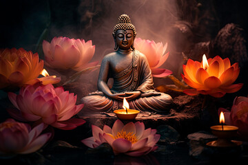 A buddha statue sitting on top of a glowing lotus flower. Generative AI - obrazy, fototapety, plakaty