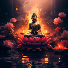 A buddha statue sitting on top of a glowing lotus flower. Generative AI - obrazy, fototapety, plakaty