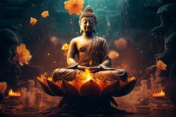 Foto op Aluminium A buddha statue sitting on top of a glowing lotus flower. Generative AI © Oleksandr