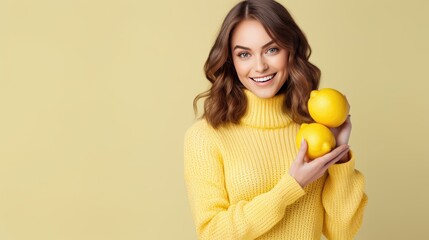 Fresh wellness concept: A young woman embraces a healthy lifestyle with lemons on a pastel background