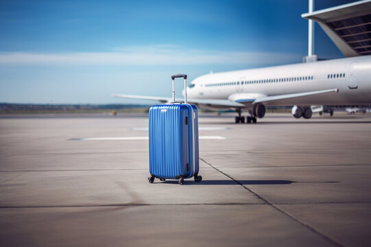Blue travel suitcase in an airport with a plane on the landing strip. Travel and airline trip concept
