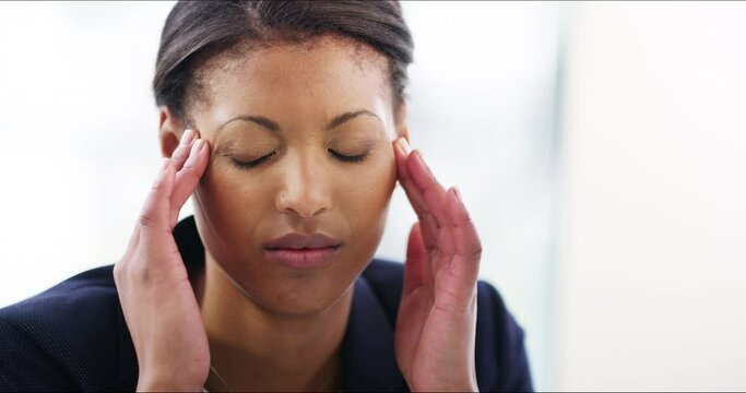 Business woman, headache and pain on computer for Human Resources fail, mistake or payroll error online. Tired African employee breathing with stress, depression or frustrated and sad for bad news
