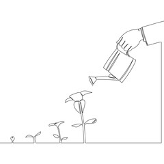 Fototapeta na wymiar Continuous line drawing watering plants growth and development icon vector illustration concept