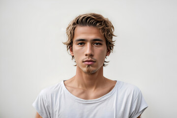 Obraz premium Close-up portrait of a young man with wavy blonde hair, wearing a white shirt against a plain white background.