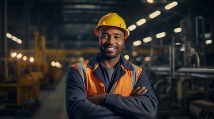 Fototapeta na wymiar Portrait of black male engineer worker or industrial maintenance worker enjoy working in factory, generative ai