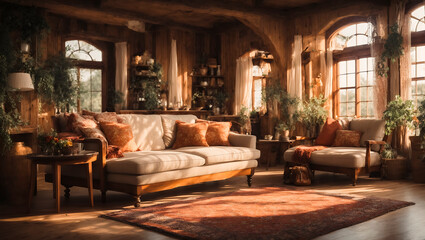 Fototapeta na wymiar Cozy rustic living room bathed in warm sunlight, with a plush sofa, decorative pillows, wooden interior, and green plants near arched windows