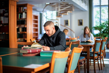 Young man sitting in the university library and learning