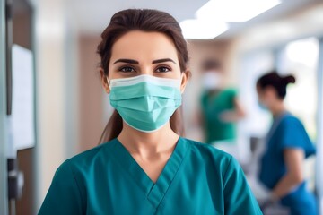 Fototapeta na wymiar Female nurse in hospital corridor smiling