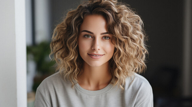 Portrait of a beautiful young woman with curly red hair in a white shirt.