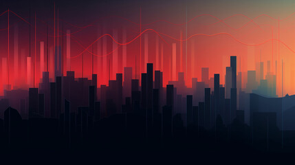 background with red lines and a city skyline silhouette