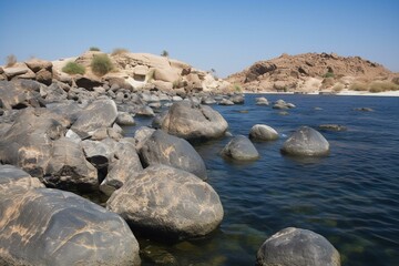 Fototapeta na wymiar rocks near Aswan in Nile on way to pyramids, Egypt. Generative AI