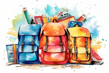 Colorful school backpacks and supplies on a white background with a light watercolor painting of back-to-school vibes. Generative AI - obrazy, fototapety, plakaty
