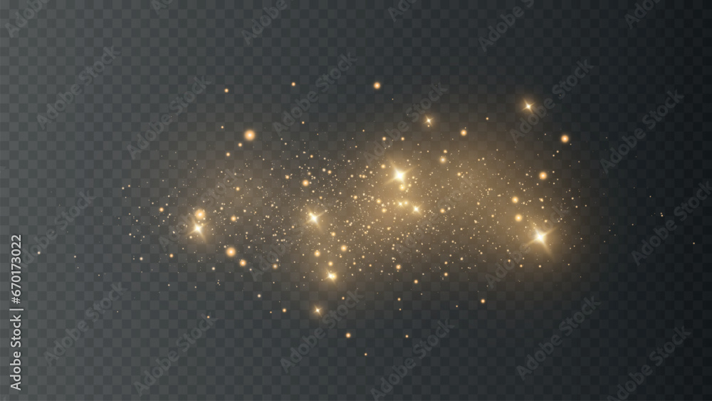 Wall mural the dust sparks and golden stars shine with special light. vector sparkles on a transparent backgrou