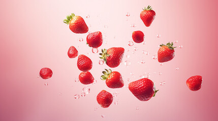 Fresh strawberries with water drops float in the air in free fall on a pink background. Levitation of berries. Flying strawberries. Copy space.