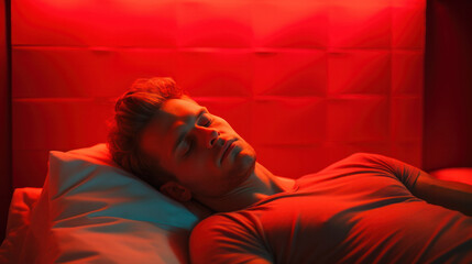 Infrared Light Therapy for Relaxation: Man Enjoying a Peaceful Nap - obrazy, fototapety, plakaty