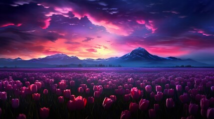 A panoramic view of a Twilight Tulip field under the stars, captured in breathtaking 8K resolution,...