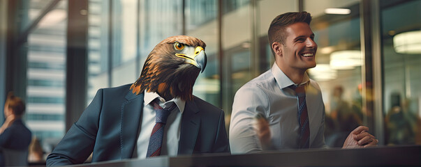 Man in modern suit standing next to an eagle - obrazy, fototapety, plakaty