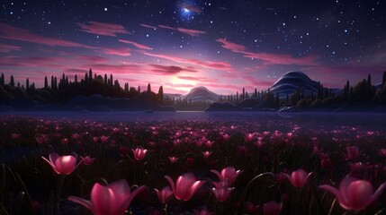 A panoramic view of a Twilight Tulip field under the stars, captured in breathtaking 8K resolution,...