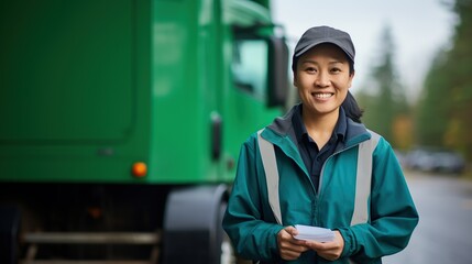 Portrait of smiling professional female truck driver. Truck vehicles in the background. - obrazy, fototapety, plakaty