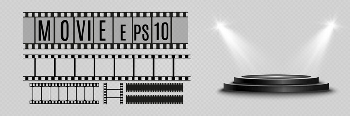 Set of film vector stripes isolated on transparent background.Film strip roll. Vector cinema background.	
