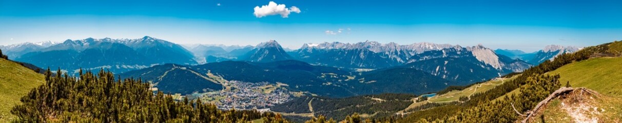 High resolution stitched alpine summer panorama at Mount Haermelekopf, Rosshuette, Seefeld, Tyrol, Austria