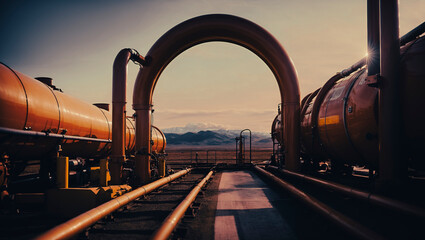 Industrial pipelines and tanks against a backdrop of vast plains and distant mountains during sunset. - obrazy, fototapety, plakaty