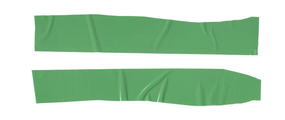 Set of green tapes on white background. Torn sticky tape, wrinkled adhesive pieces. 
