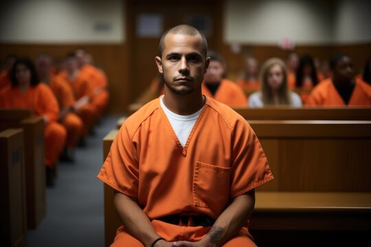 Man wearing an orange prison uniform in a courtroom being during a trial.