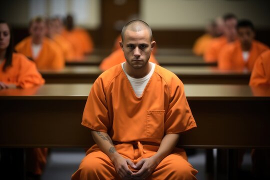Man wearing an orange prison uniform in a courtroom being during a trial.