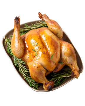 Suculento Peru de natal assado servido numa travessa com alecrim. Delicioso frango assado, isolado, com fundo transparente, png.