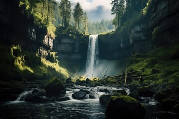 a waterfall in the middle of a forest.