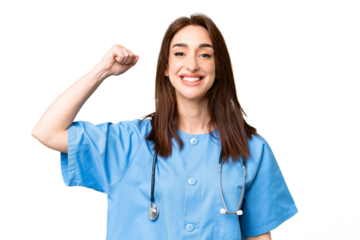 Young nurse woman over isolated chroma key background doing strong gesture