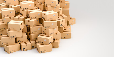 Cardboard boxes on white background with empty copy space on right side, logistics and delivery concept. 3D Rendering