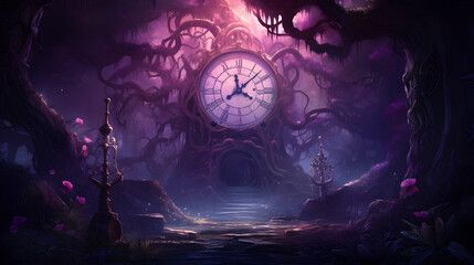 Background with clock in enchanted forestBackground with clock in