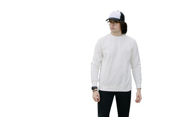 Man wearing white sweatshirt or hoodie, baseball cap and glasses. Sweatshirt or hoodie for mock up, logo designs or design prints with free space