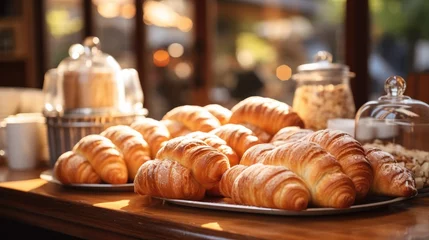 Fotobehang Baguette bread bun donuts croissants at small cozy coffee shop. © visoot