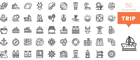 Set of minimalist linear trip icons. Vector illustration
