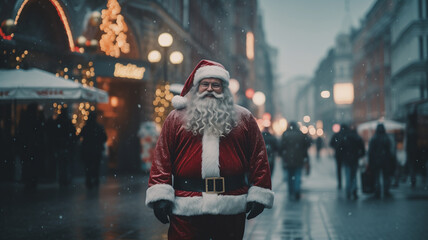 Santa Claus in the street. New Year celebration in the streets. .Christmas background. Copy Space