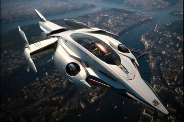 White spaceship flying above a city, Aerial high view.