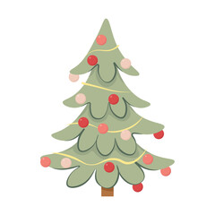 Flat green Christmas tree with decorations isolated on white background