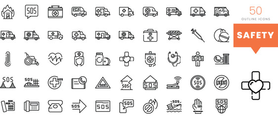 Set of minimalist linear safety icons. Vector illustration - obrazy, fototapety, plakaty