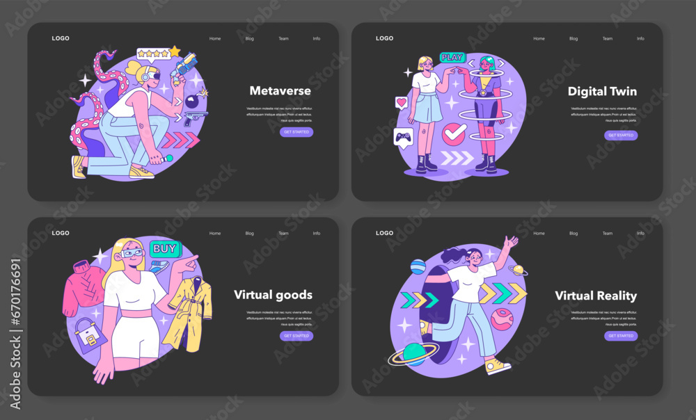 Poster metaverse web banner or landing page night or dark mode set. vr futuristic technology. digital envir