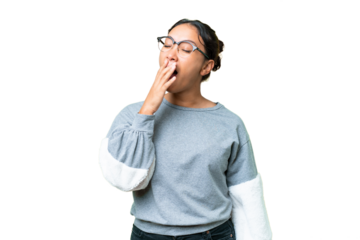 Young Uruguayan woman over isolated chroma key background yawning and covering wide open mouth with hand